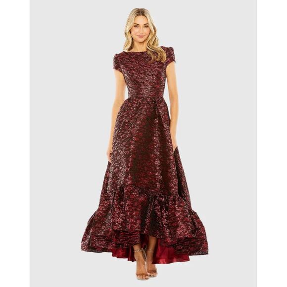 Mac Duggal NEW High Neck Brocade Short Sleeve Bubble Hem Dress Ruby $598 Size 10 - Picture 7 of 14